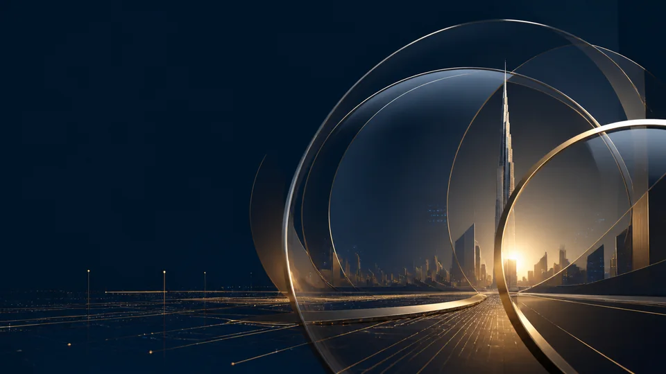 Abstract editorial composition connecting UAE business, optics and technology